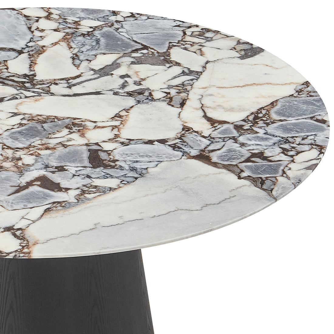 Dina 120cm Round Marble Dining Table features a richly veined marble top with gray and brown patterns, set on a dark, tapered pedestal base, embodying elegance and compact design.