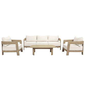 Elani 5 Seater Acacia Hardwood Outdoor Sofa Set in Cream features a light wood-framed three-seat sofa, two matching armchairs, and a rectangular coffee table, all with clean, modern lines.