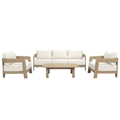 Elani 5 Seater Acacia Hardwood Outdoor Sofa Set in Cream features a light wood-framed three-seat sofa, two matching armchairs, and a rectangular coffee table, all with clean, modern lines.