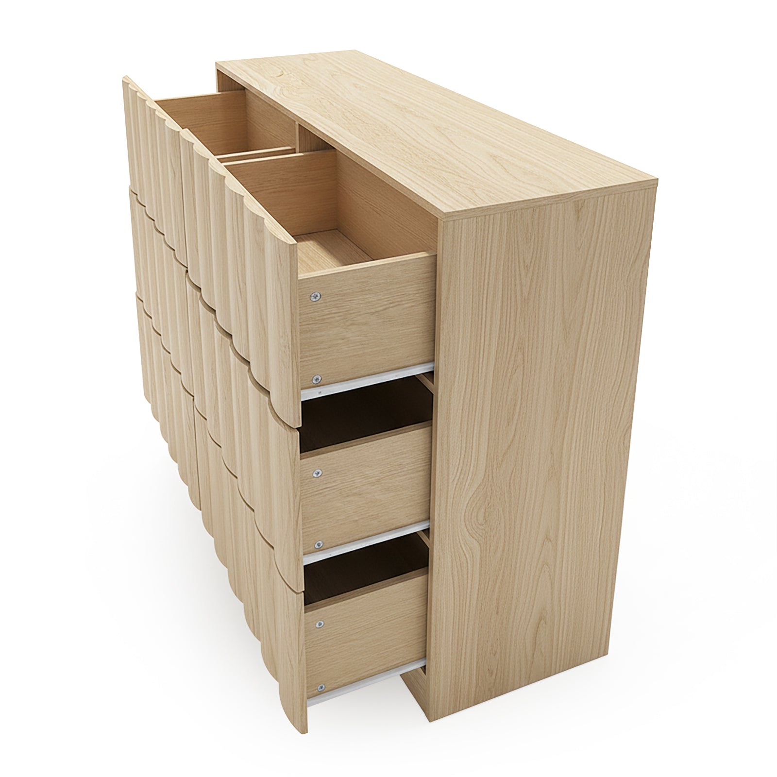 Light wood dresser with all drawers open on white background