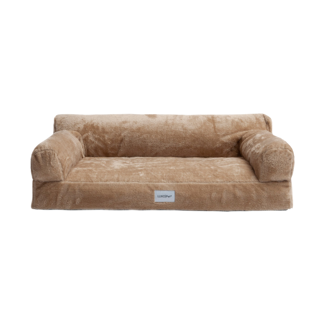 Tan plush pet sofa bed isolated on white background, front view