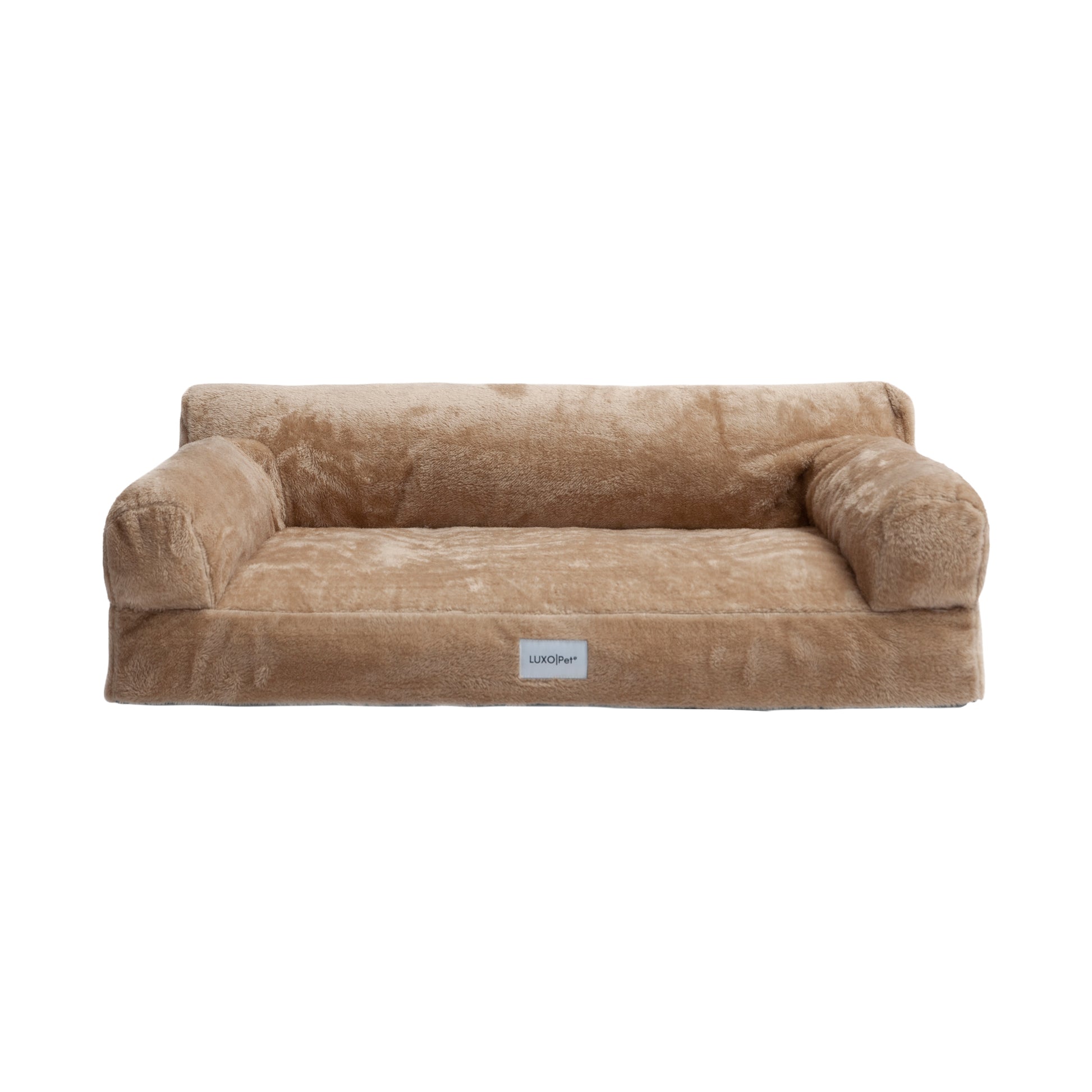 Tan plush pet sofa bed isolated on white background, front view