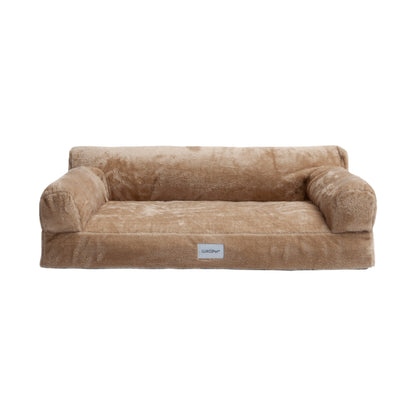 Tan plush pet sofa bed isolated on white background, front view