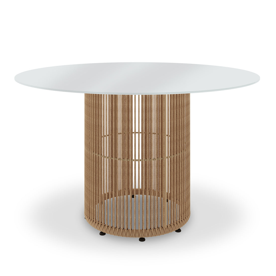 Vellora 4 Seater Wicker Outdoor Dining Set features a white glass-top round table with a natural rope-woven base, highlighting modern, airy design perfect for relaxed alfresco dining.