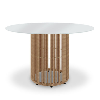 Vellora 4 Seater Wicker Outdoor Dining Set features a white glass-top round table with a natural rope-woven base, highlighting modern, airy design perfect for relaxed alfresco dining.