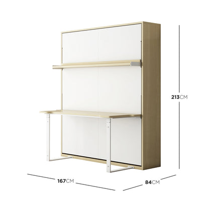 Logan Desk and Foldout Queen Wall Bed White & Natural features a light wood frame with white panels, a fold-out desk with metal legs, and an upper shelf, maximizing space efficiently.