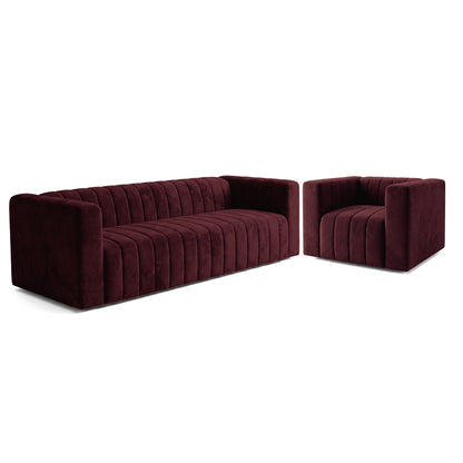 Modern Dark Merlot sofa and matching armchair on a white background