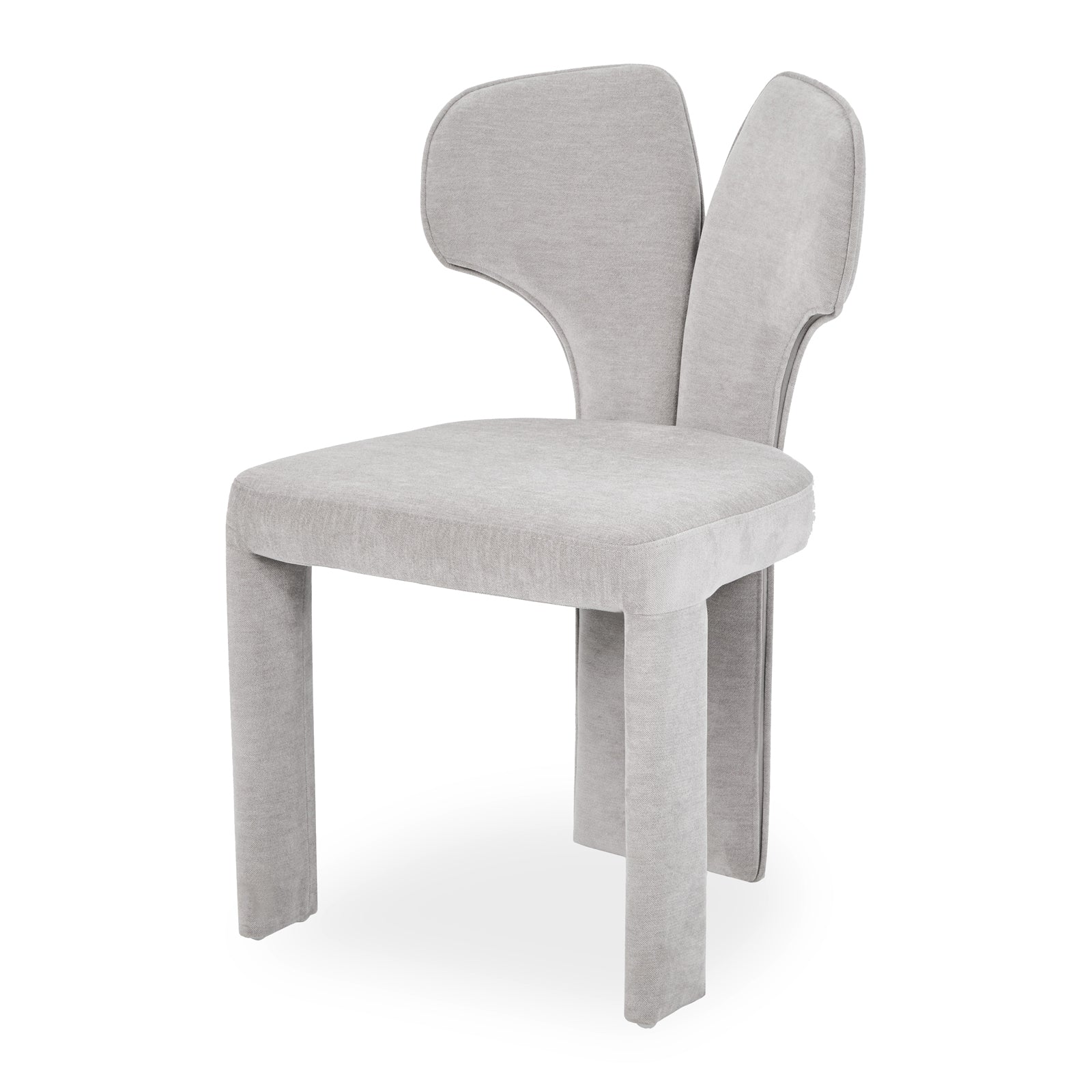 Light gray accent chair with artistic backrest on white background