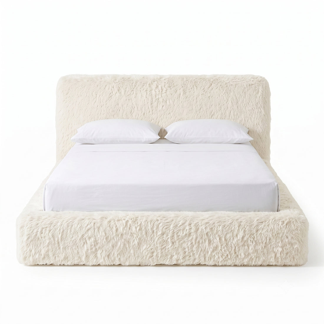 Front view of a cream upholstered bed on a white background.