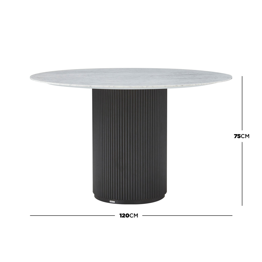 Gracie 120cm Round Marble Dining Table in Black, featuring a white marble top and vertically-fluted cylindrical base. Dimension lines show 120 cm diameter and 75 cm height for visual clarity.