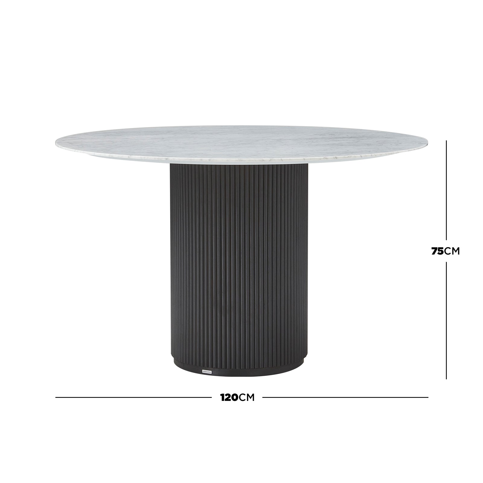 Gracie 120cm Round Marble Dining Table in Black, featuring a white marble top and vertically-fluted cylindrical base. Dimension lines show 120 cm diameter and 75 cm height for visual clarity.
