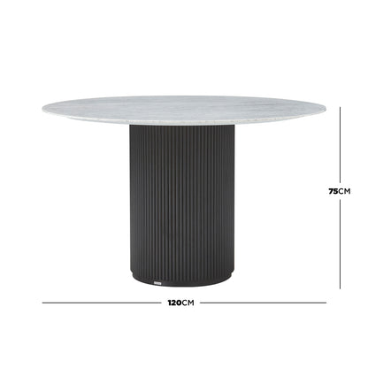 Gracie 120cm Round Marble Dining Table in Black, featuring a white marble top and vertically-fluted cylindrical base. Dimension lines show 120 cm diameter and 75 cm height for visual clarity.