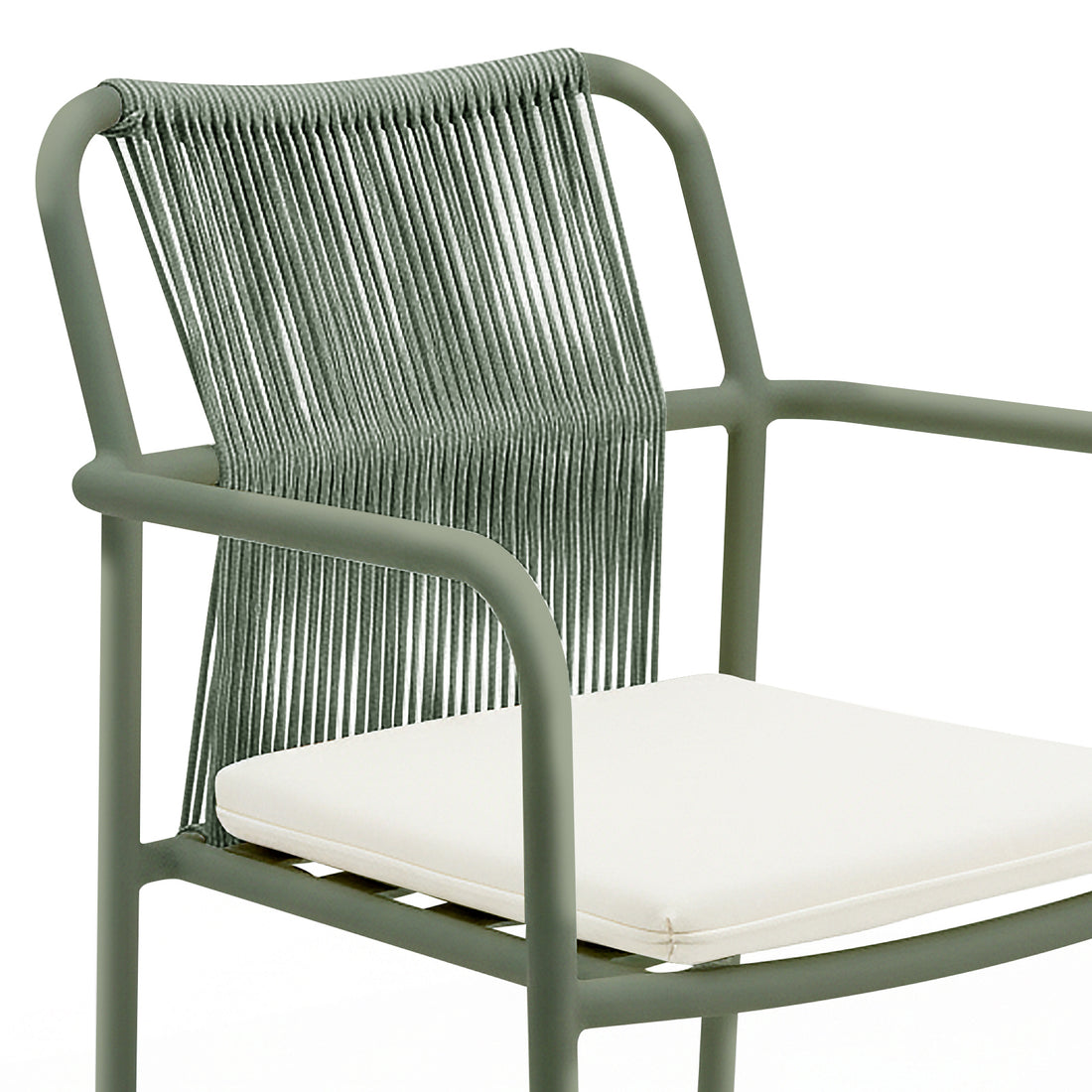 Evone 4 Seater Stone Outdoor Dining Table Set features a sleek stone tabletop, tubular metal frame in muted green, woven-rope backrest chairs, and white seat cushions, perfect for stylish alfresco dining.