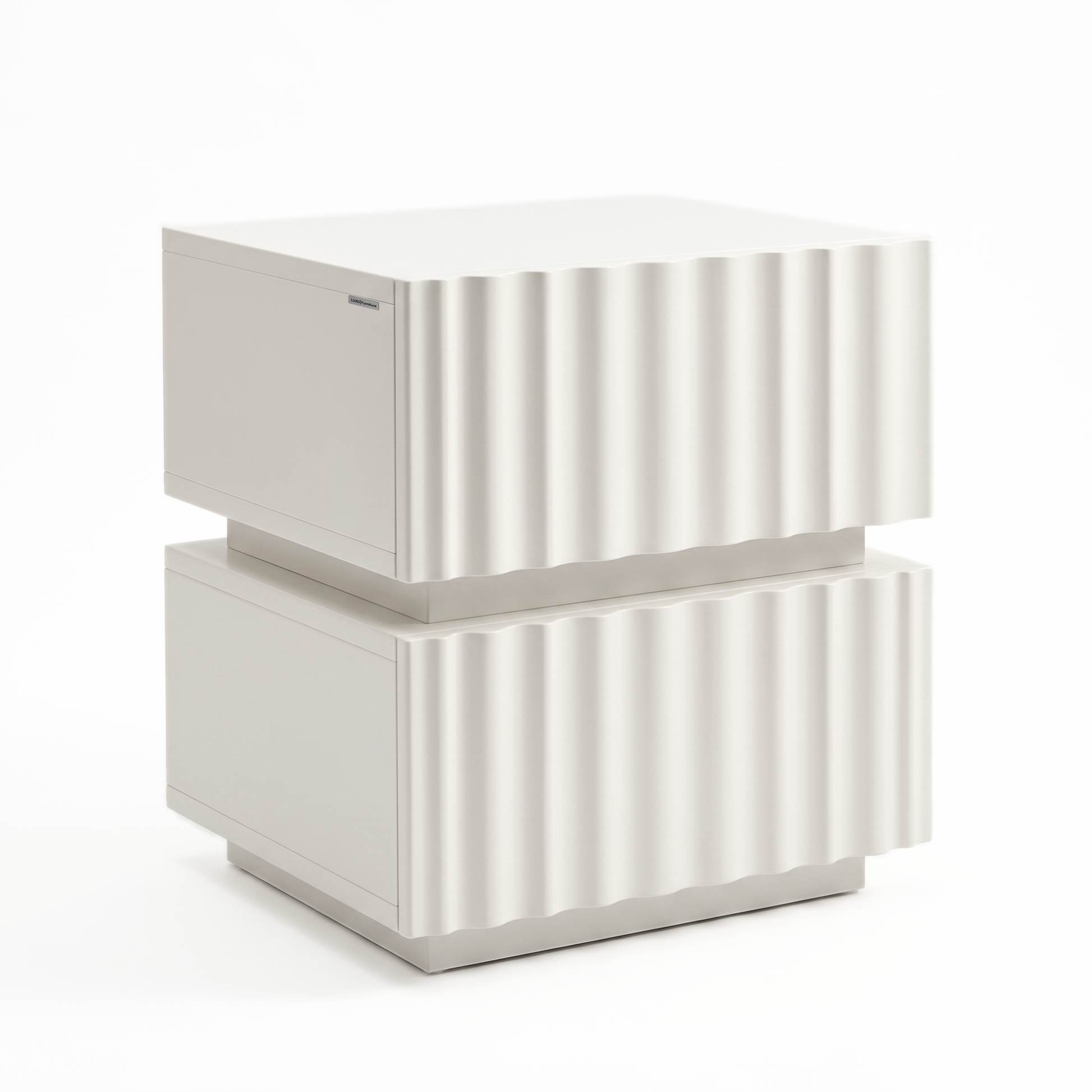 Angled view of a white two-drawer nightstand with ribbed front on a white background.