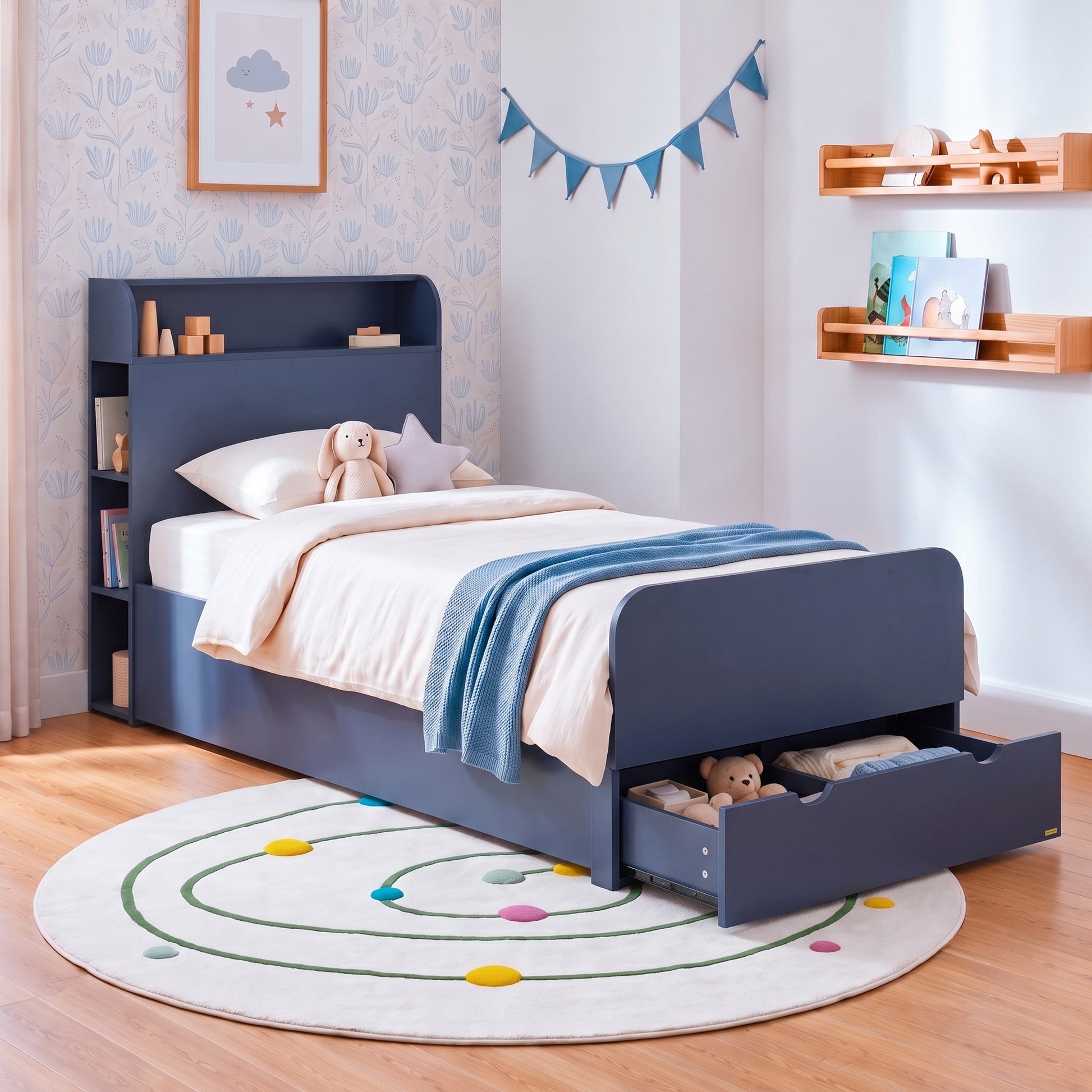 Navy blue children's bed styled in a furnished bedroom