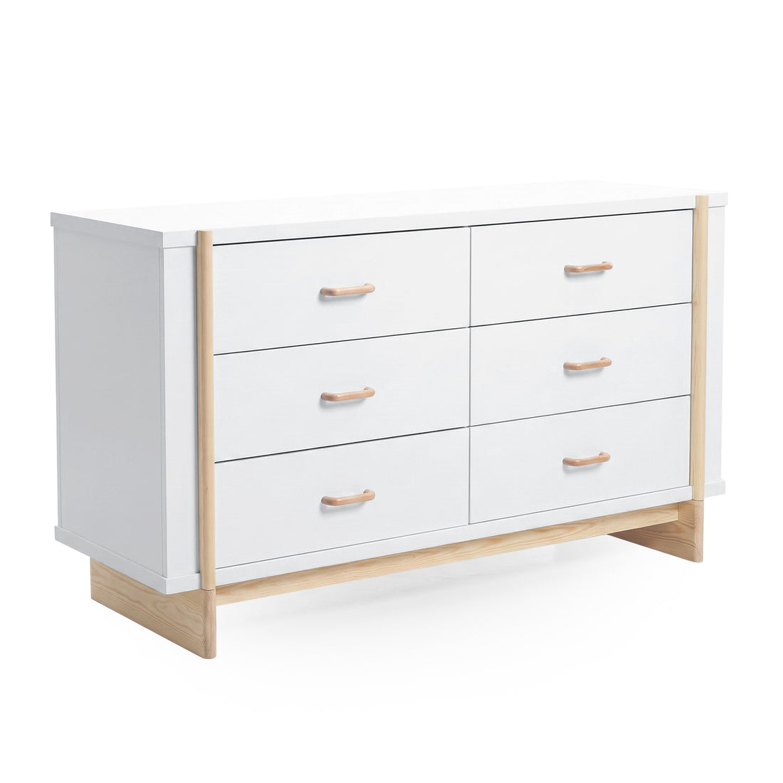 Six-drawer dresser with white and light wood finish shown at slight angle on white background