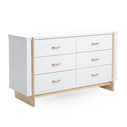 Six-drawer dresser with white and light wood finish shown at slight angle on white background