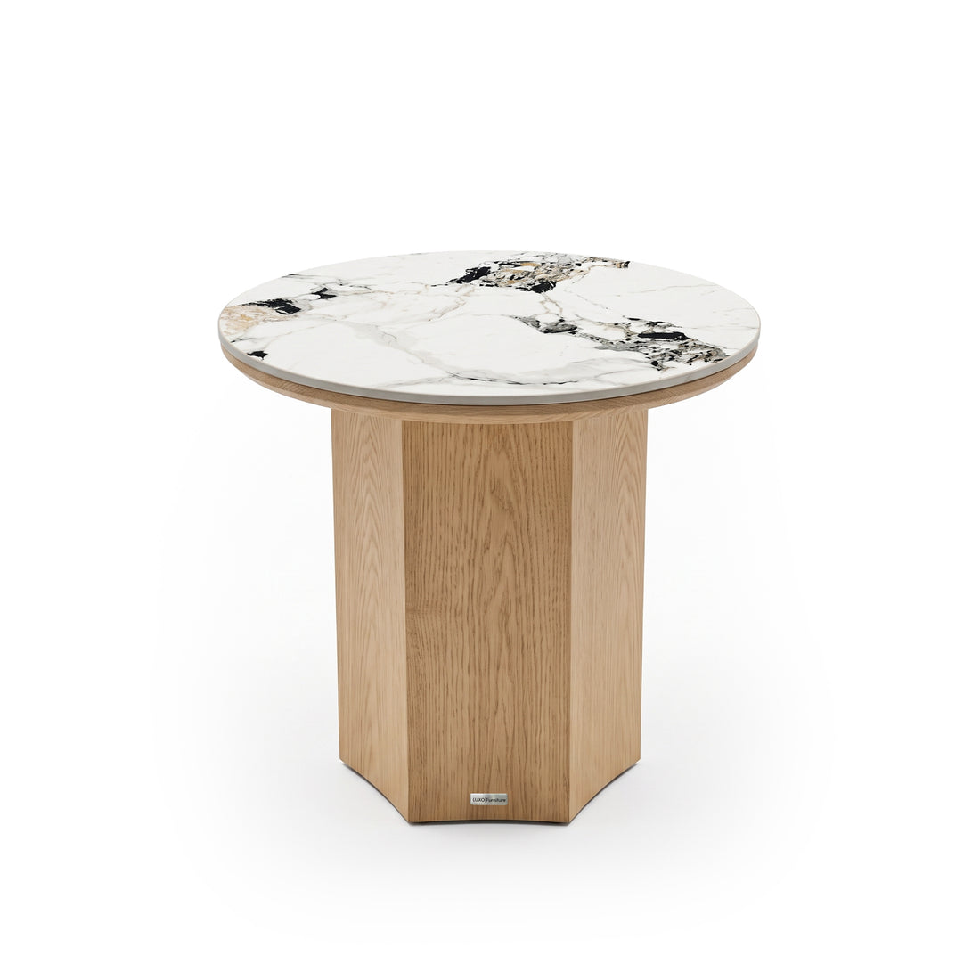 Round accent table with white marble top and faceted light wood base on white background