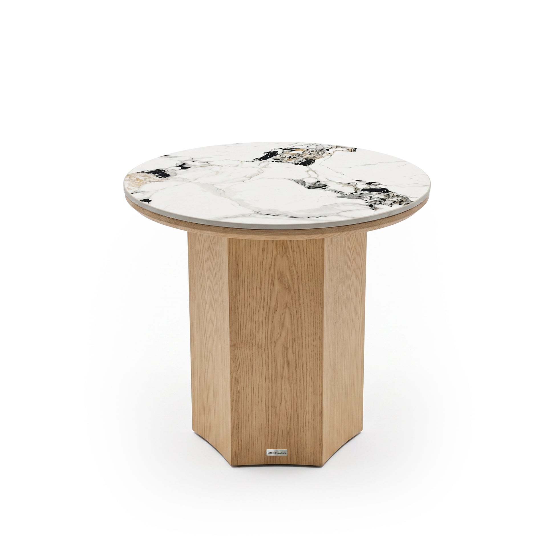 Round accent table with white marble top and faceted light wood base on white background