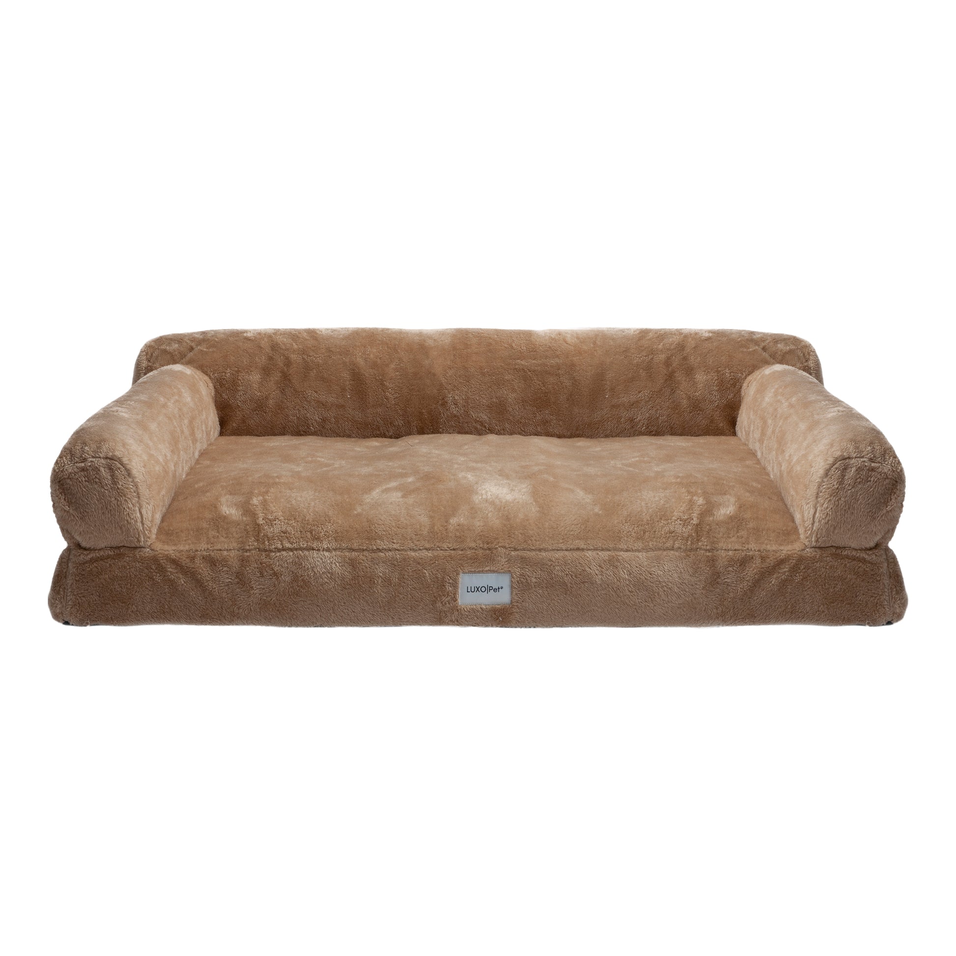 Plush tan dog bed with raised bolsters on white background