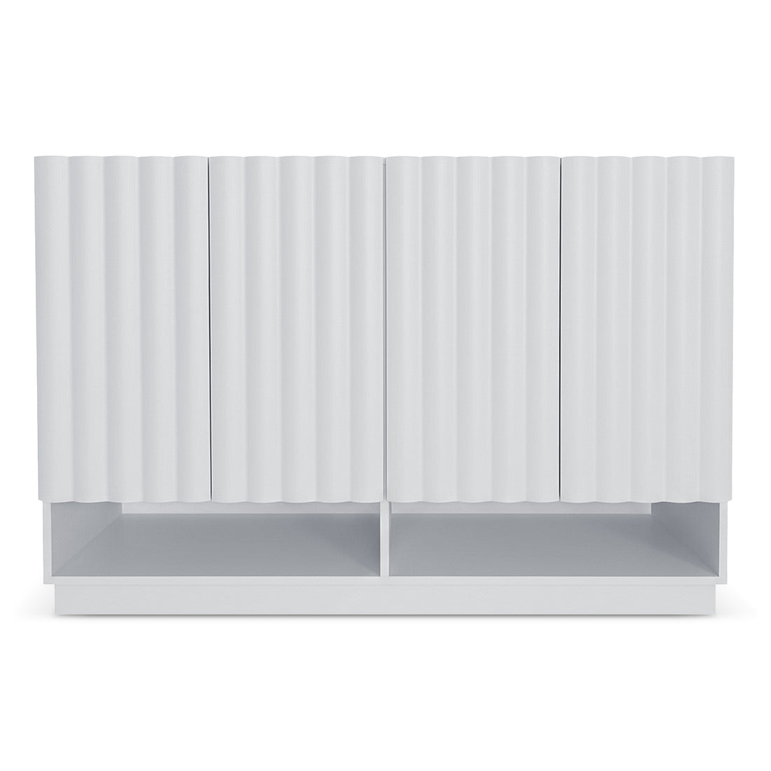 White storage cabinet with vertical ridges on doors displayed against a white background
