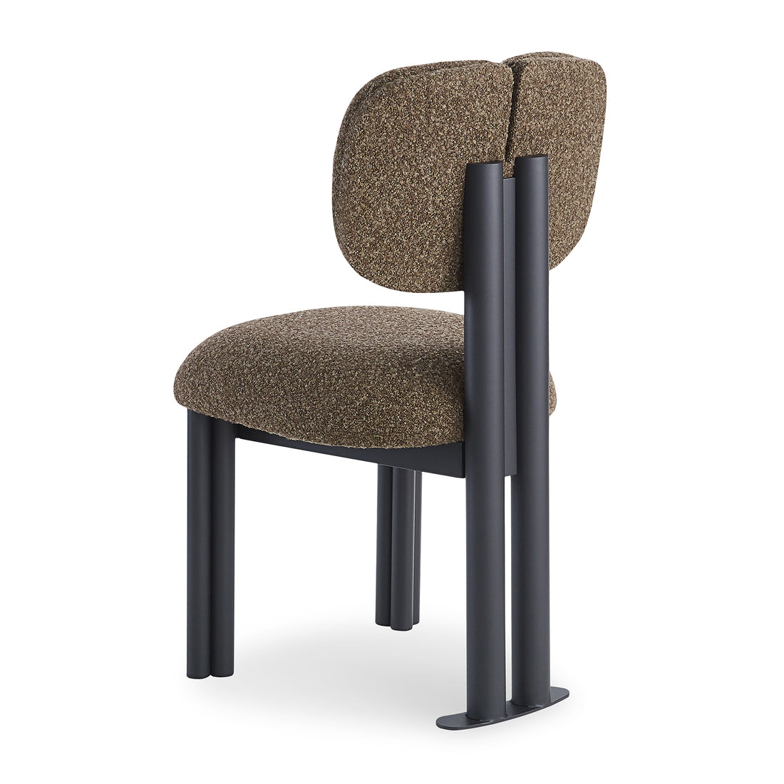 Norii Boucle Fabric Dining Chair in Rust Brown features a textured bouclé seat and back, split backrest, and matte-black metal legs, creating a sculptural, modern dining chair.