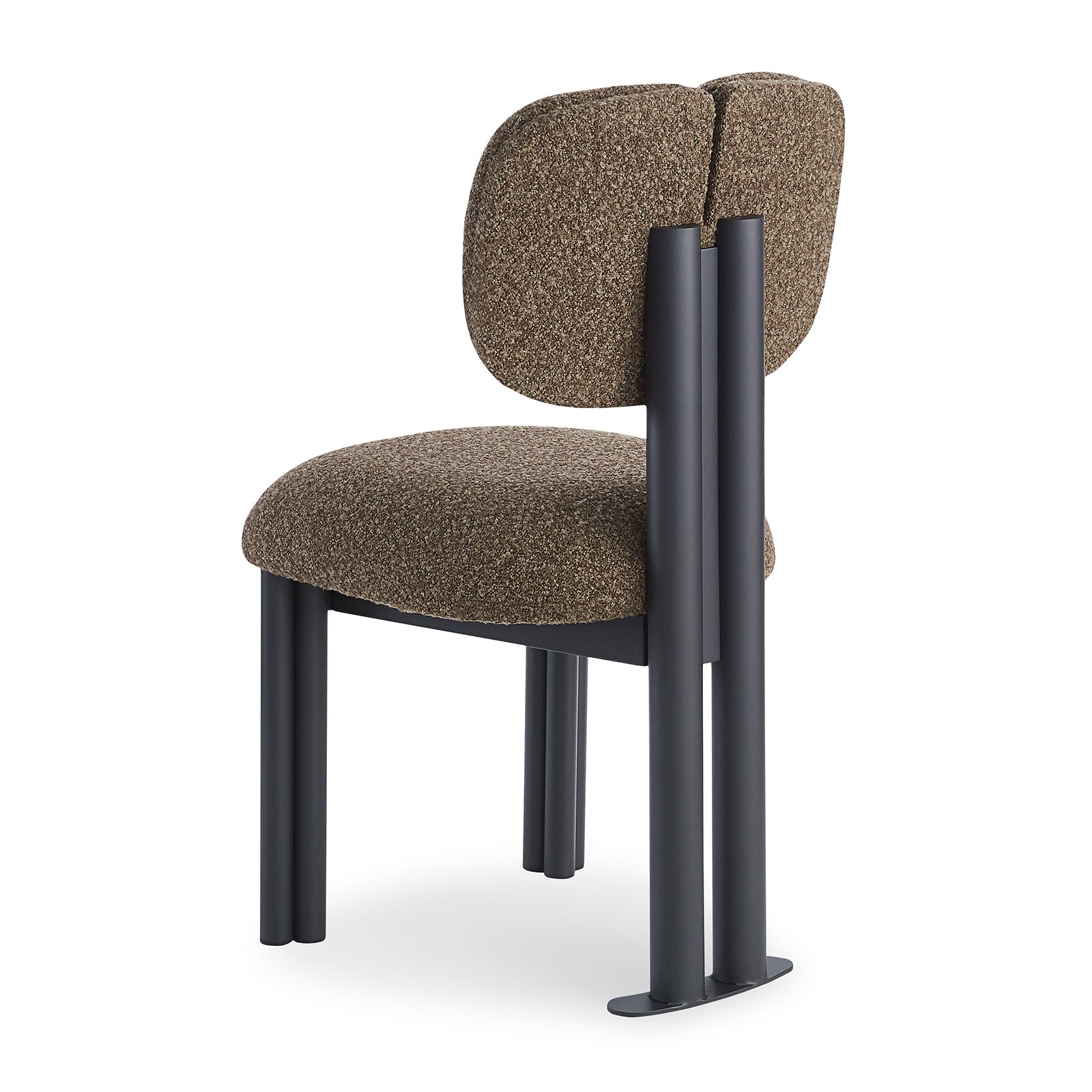 Norii Boucle Fabric Dining Chair in Rust Brown features a textured bouclé seat and back, split backrest, and matte-black metal legs, creating a sculptural, modern dining chair.