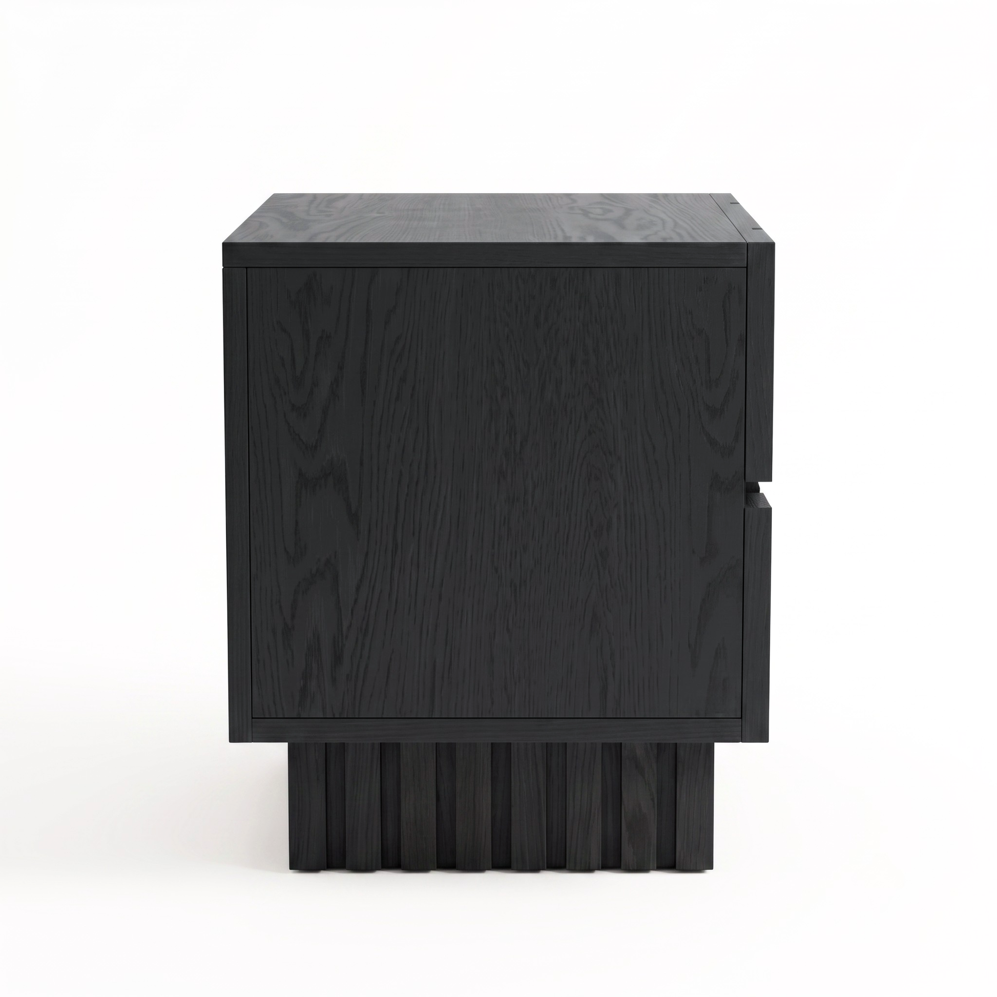 Side view of a black wooden nightstand on a white background