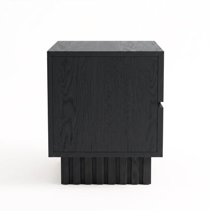 Side view of a black wooden nightstand on a white background