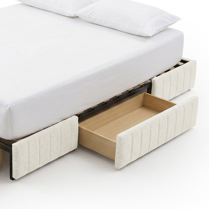 Modern bed with under-bed storage drawer on white background