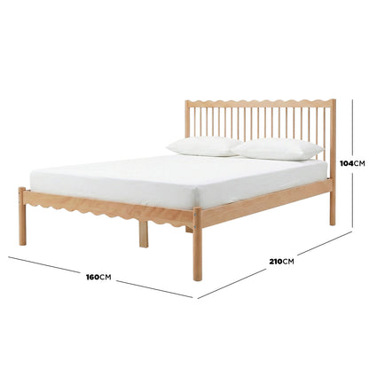 Wood bed frame on white background with dimension lines showing measurements