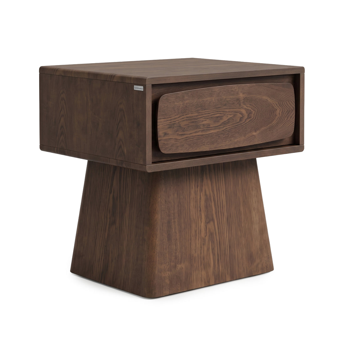 Wooden nightstand with a single drawer on a white background