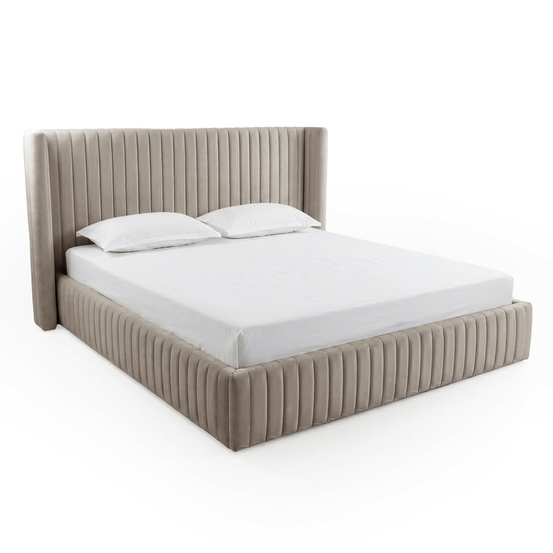 Complete taupe upholstered platform bed viewed from the front three-quarter angle