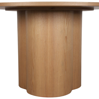 Cece 120cm Round Wooden Dining Table in Oak, featuring a light-wood cylindrical pedestal with scalloped detail, supporting a circular tabletop, highlighting its modern simplicity and compact design for four.