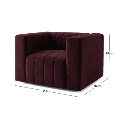 Dark Merlot armchair on white background with dimensions labeled 105 cm by 93 cm by 75 cm