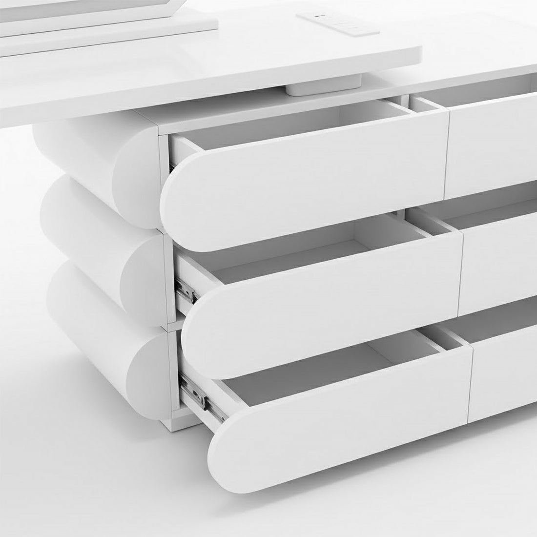 Alora LED Mirror Makeup Vanity Table with Storage in White, featuring six sleek drawers, some partially open, emphasizing minimalist design and ample storage in a modern, all-white finish.