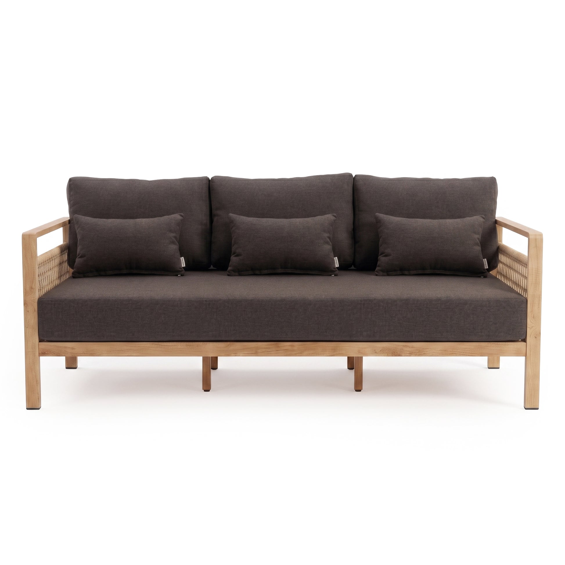 Modern sofa with wood frame and dark cushions on white background