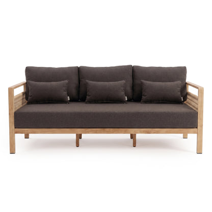 Modern sofa with wood frame and dark cushions on white background