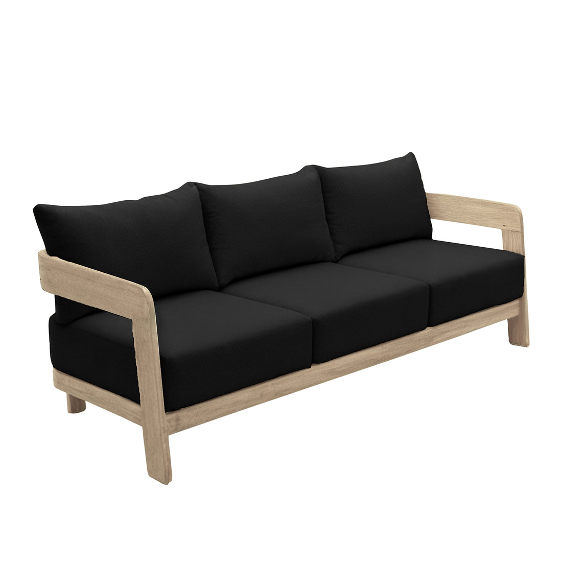Elani 5-Seater Acacia Hardwood Outdoor Sofa Set features a minimalist design with a light wood frame and black cushions, embodying modern comfort and style for a serene alfresco lounge experience.