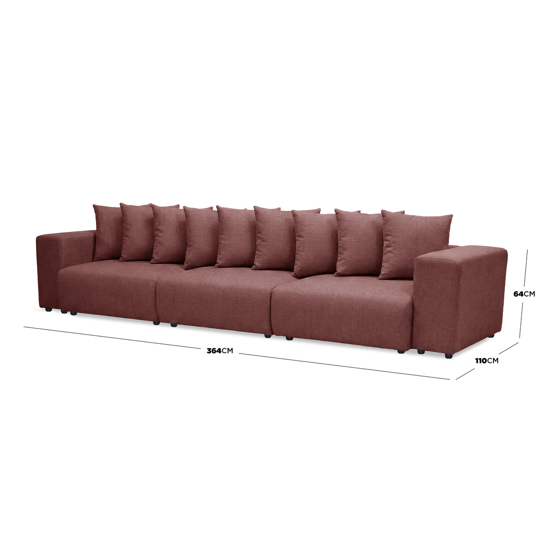 Rust-red sectional sofa on white background with dimensions indicated