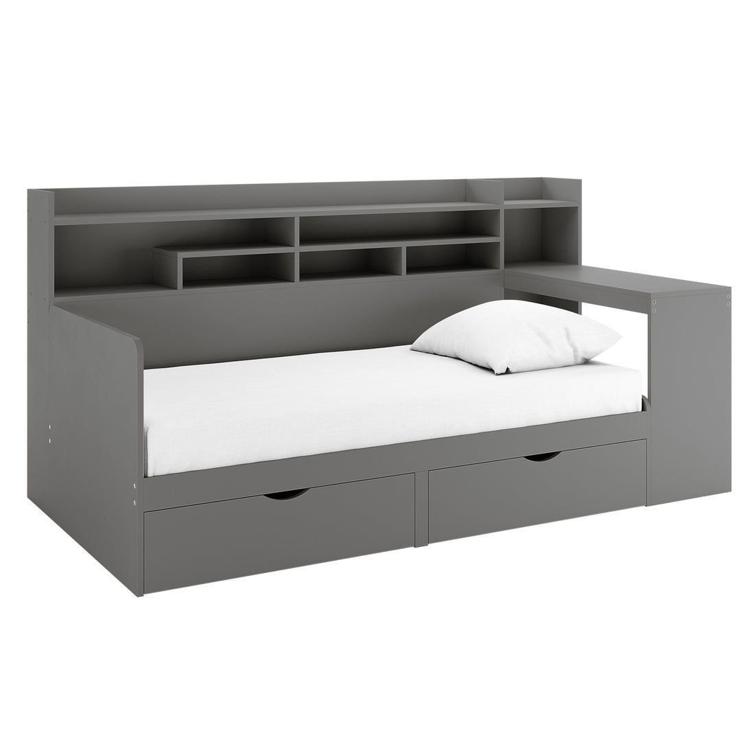 Hally Storage Single Bed with Desk and Drawers in Grey features a low-profile daybed with a white-covered mattress, integrated desk, and shelving unit, plus two large storage drawers underneath.