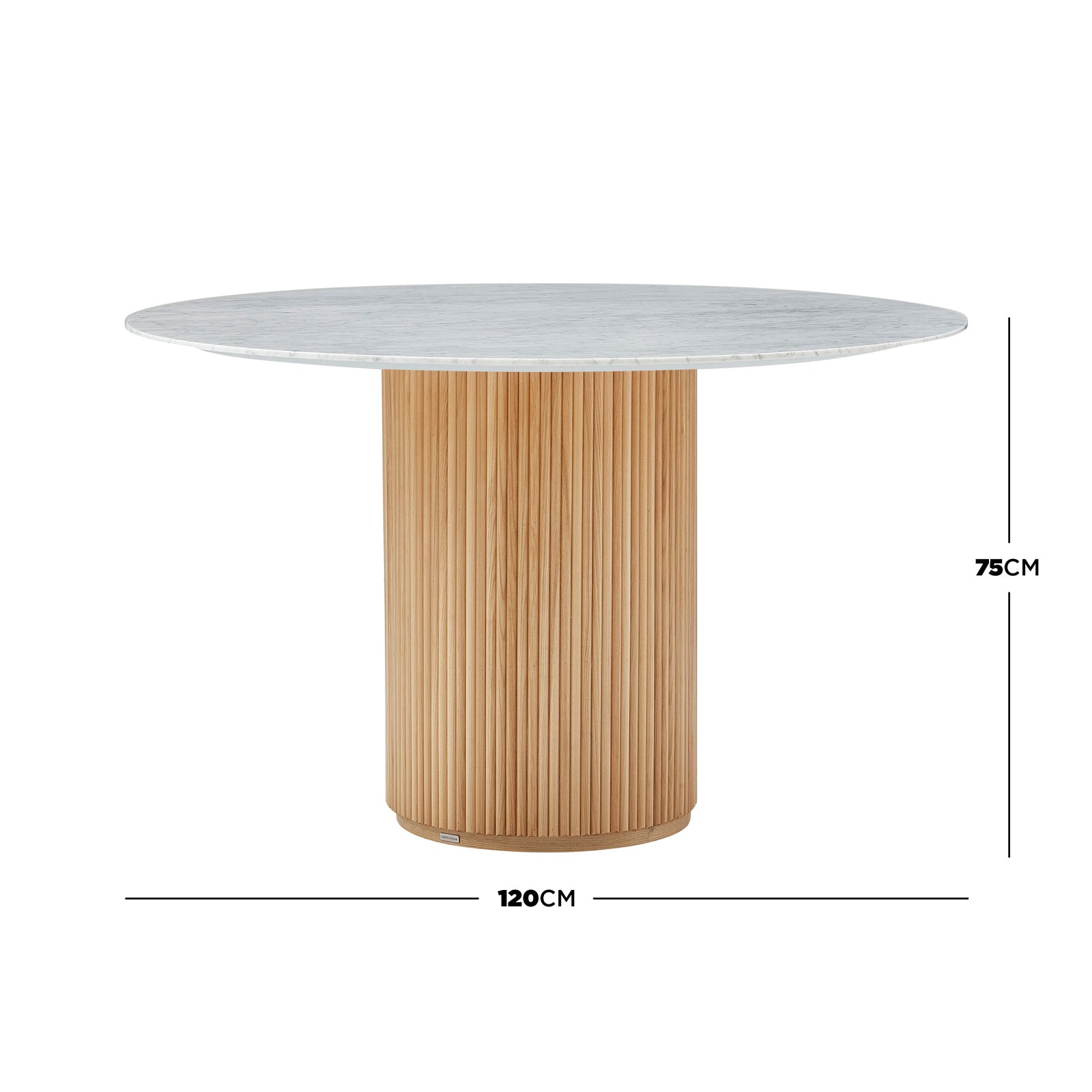 Gracie 120cm Round Marble Dining Table in Natural features a smooth white marble top and fluted wooden pedestal base. The image shows dimension arrows for width and height against a white background.
