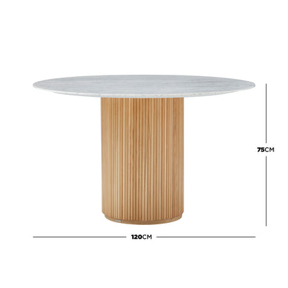 Gracie 120cm Round Marble Dining Table in Natural features a smooth white marble top and fluted wooden pedestal base. The image shows dimension arrows for width and height against a white background.