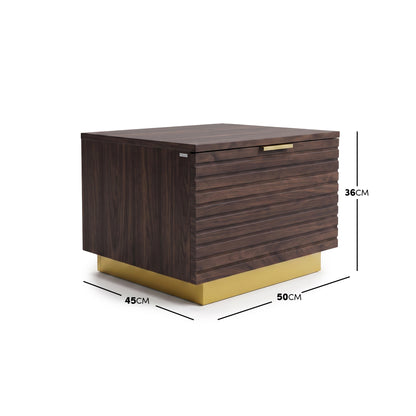 Wooden nightstand on white background with dimensions shown
