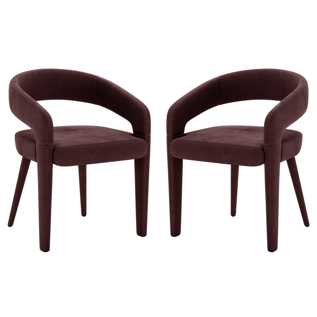 Eisha Velvet Dining Chair Set of 2 in Dark Plum, featuring curved backrest, short armrests, padded seat, and tapered legs, offers a modern, plush look with a supportive metal frame.