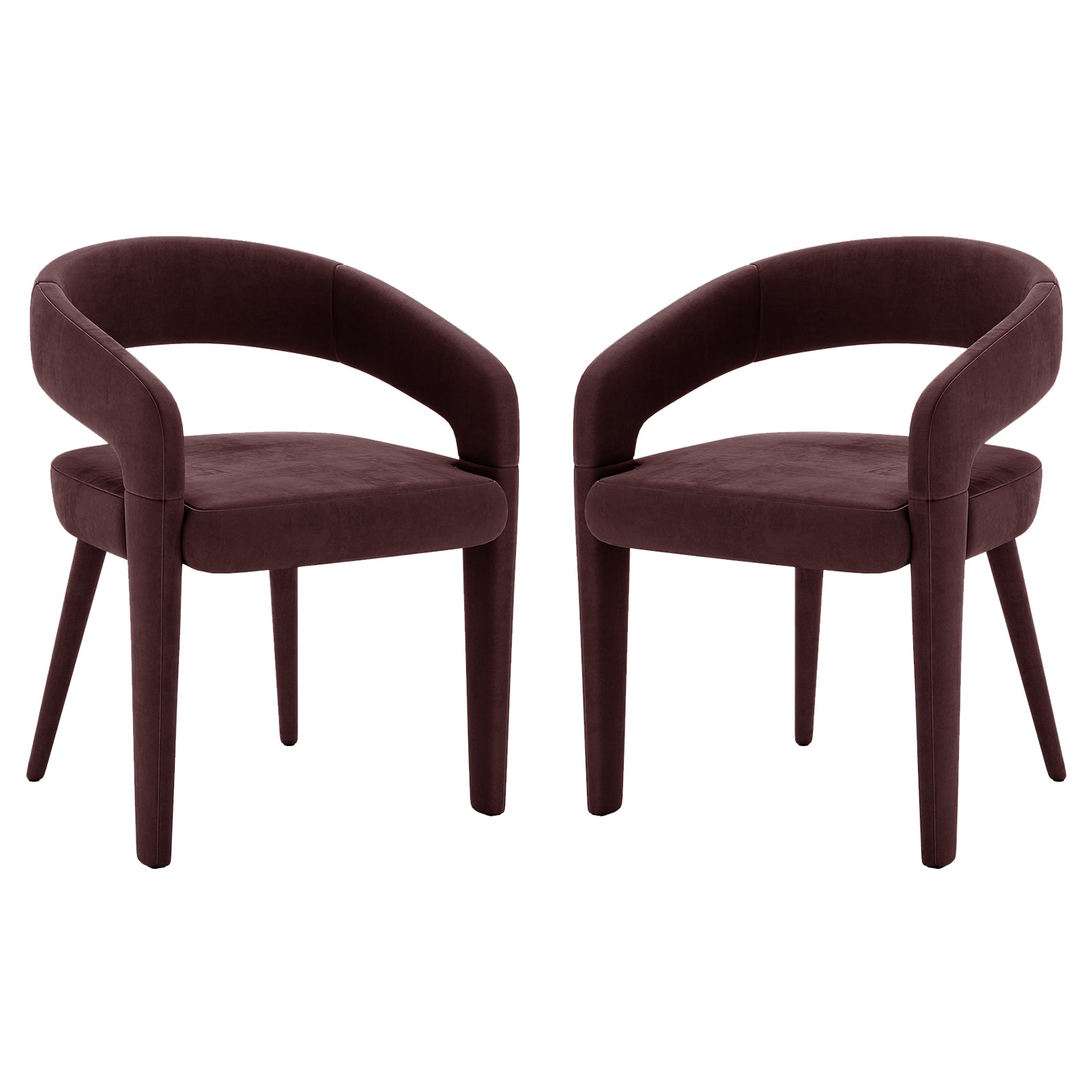 Eisha Velvet Dining Chair Set of 2 in Dark Plum, featuring curved backrest, short armrests, padded seat, and tapered legs, offers a modern, plush look with a supportive metal frame.