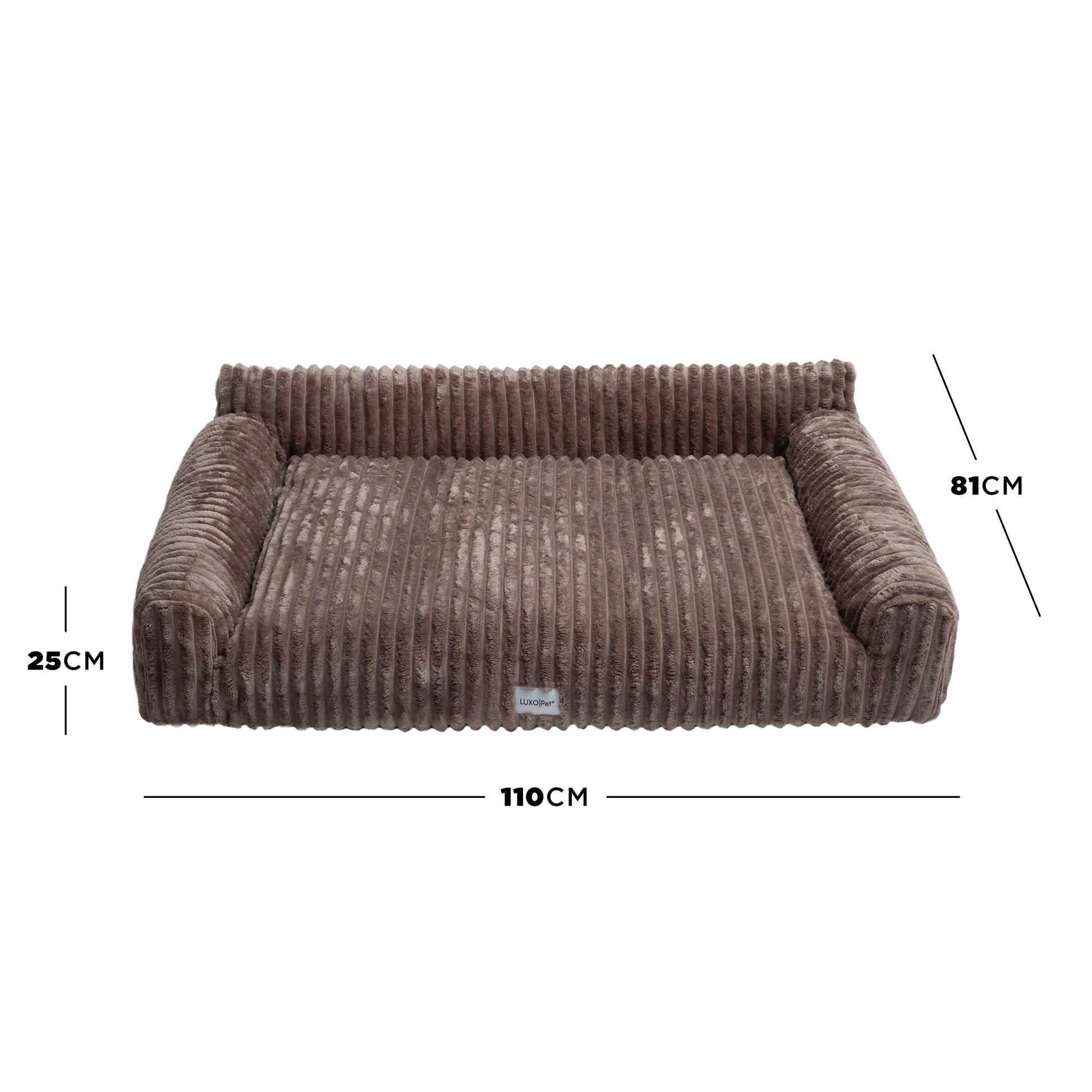 Brown corduroy pet bed with dimensions marked (110 cm W x 81 cm D x 25 cm H) on white background
