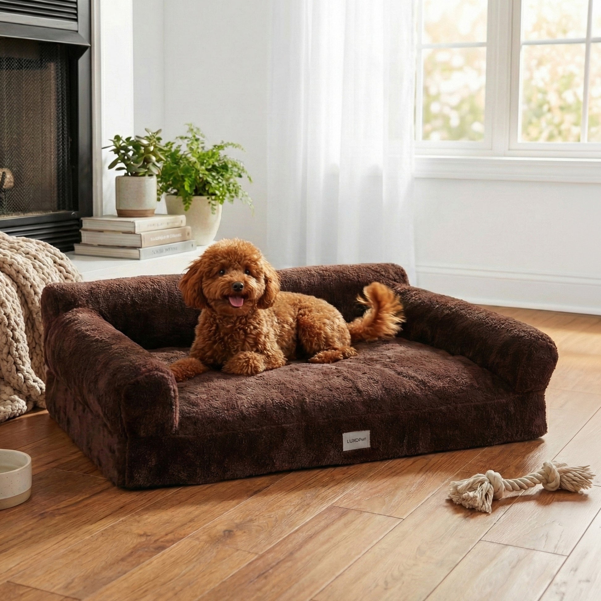 Brown plush pet bed with dog in a cozy living room