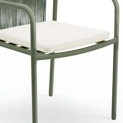 Evone Aluminium Rope Outdoor Dining Chair in Green with a slim-framed structure, light olive-green metal, white seat cushion, and visible woven cord backrest, showcasing a modern and coastal design.