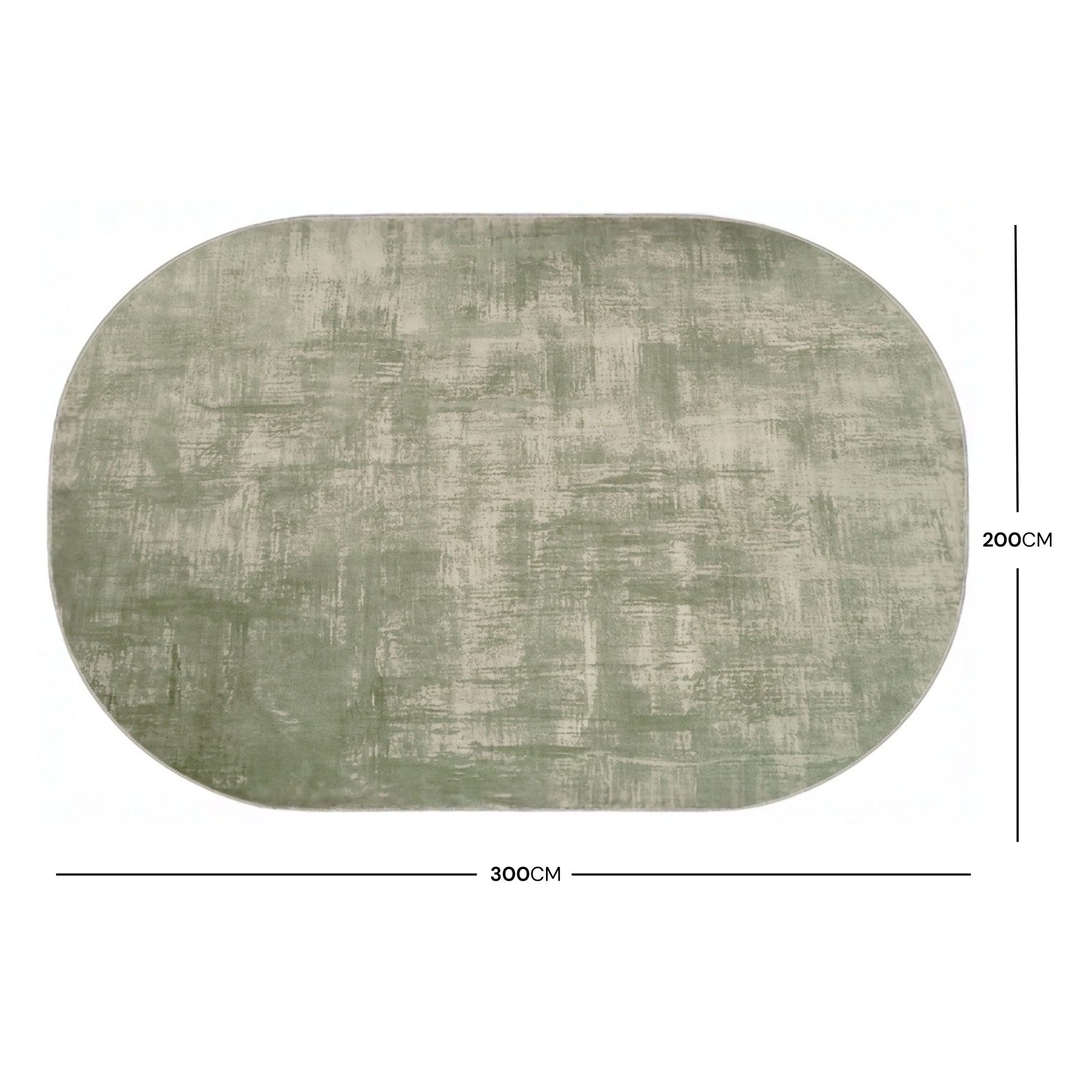 Oval rug on white background with 200 cm by 300 cm dimensions marked